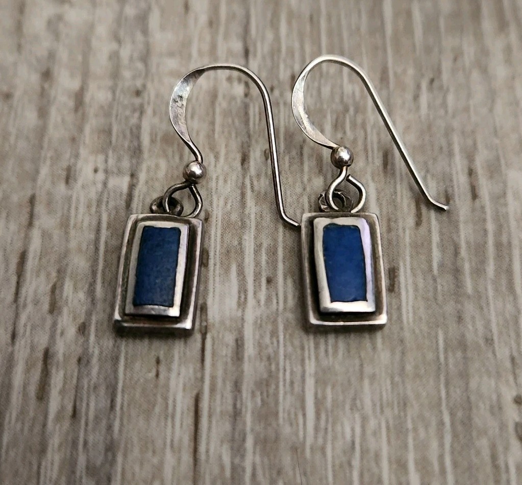 Vintage Blue Lapis Rectangular Dangle Earrings 92… - image 1