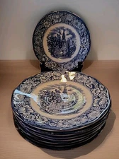 Set Of 8 Liberty Blue Historic Colonial Scenes Old North Church Saucer 6"