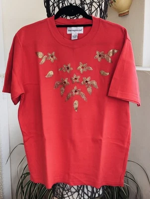 T-shirt rouge pour femme imprimée fleurs dorées M, 100% coton - Photo 1/4