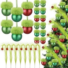 32 Pcs Lime Green Furry Christmas Ball Ornaments for Xmas Tree, Fuzzy Ball wi...