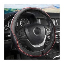 Leather Steering Wheel Cover, Soft Breathable Anti Slip, Black/Red Line
