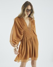 River Island Womens Smock Mini Dress Yellow Long Sleeve V-Neck Gathered Detail