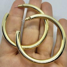 Vtg Shiny Goldtone Tube Hoop Large Statement Drop Earrings Full Round Retro Big