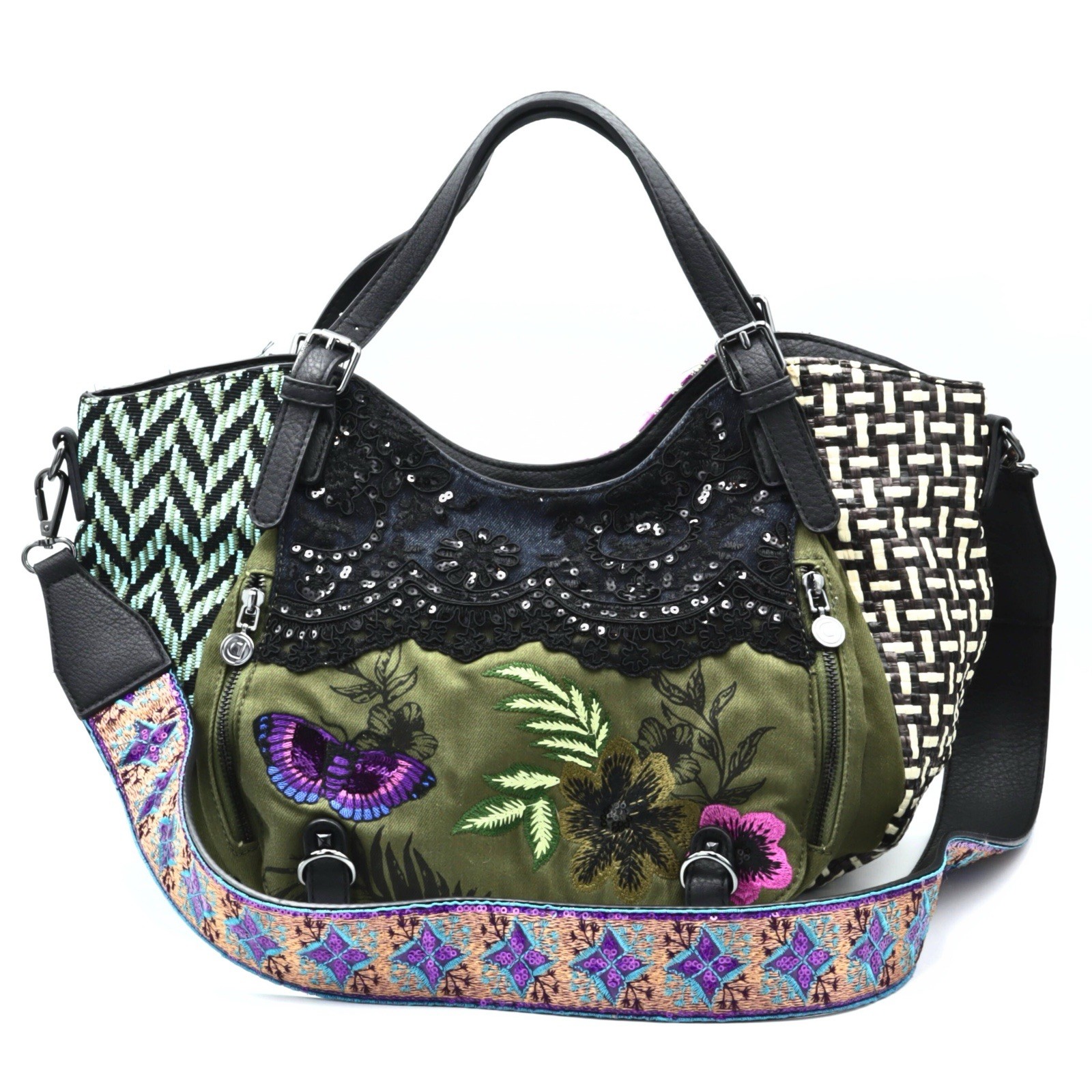 Desigual Large Patchwork Handbag Embroidered Text… - image 1