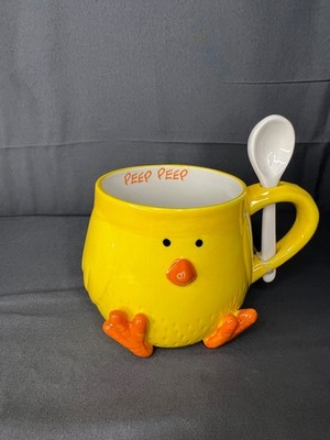 Yellow Ceramic Chick Mug with Spoon New Peep Peep