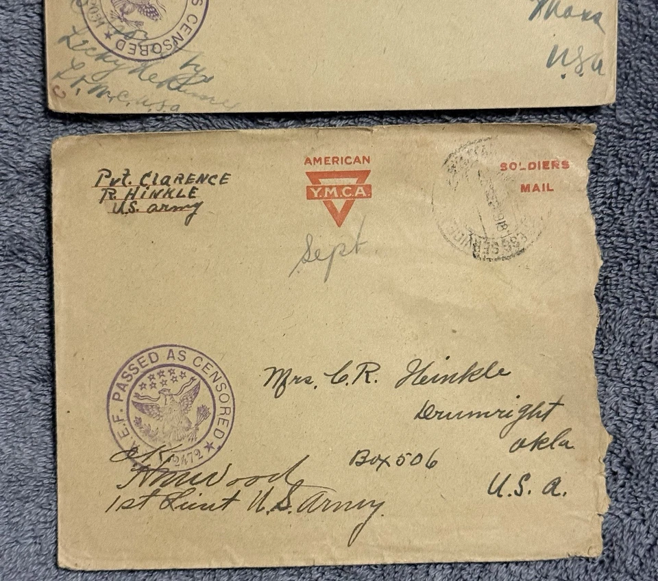 Cubiertas censuradas AEF YMCA de la Primera Guerra Mundial x2 - APO cancela, correo de oficiales/soldados 1918 Foto 2 de 4