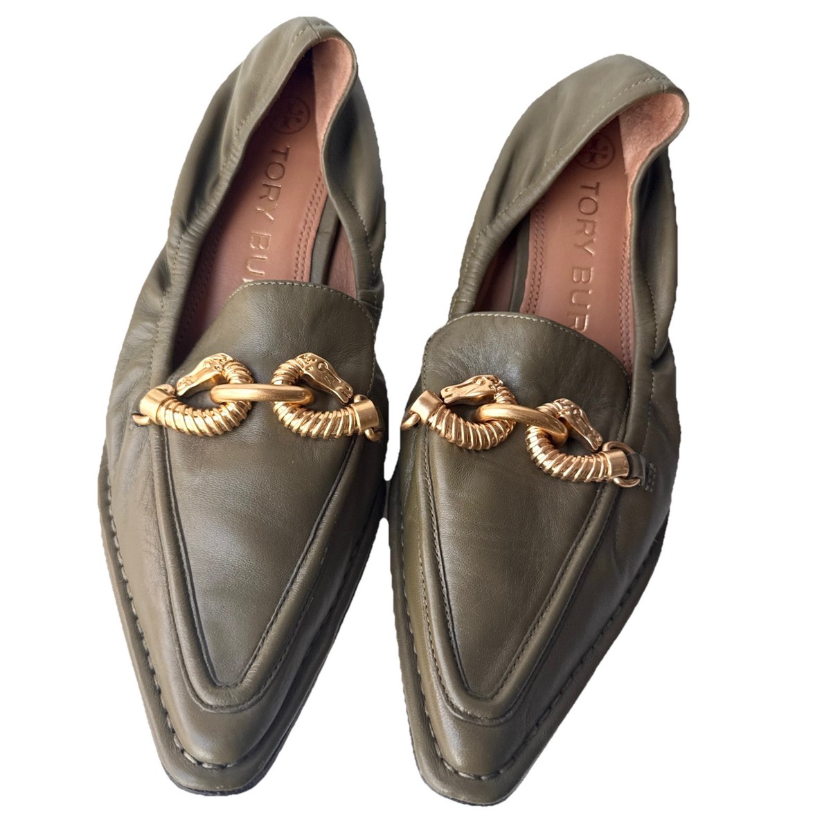 Tory Burch Green Jessa Loafers Brown Leather Pointed Toe Flats
