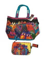 NWT Set Of 2 - LAUREL BURCH 1980 s Zip Tote Bag 20x14x7, Zip Clutch Purse Cats