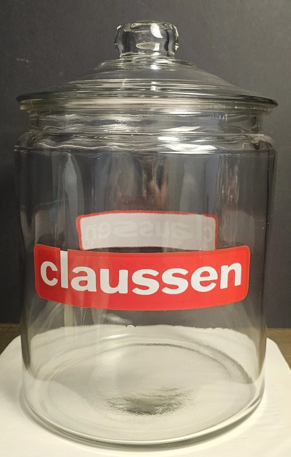 Vintage Claussen Pickle Glass Display Counter Pickle Jar w/Lid