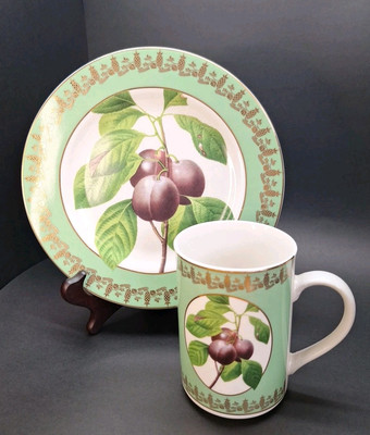 Royal Fruit  American Atelier Green Gold Plums Porcelain Mug Lunch Plate