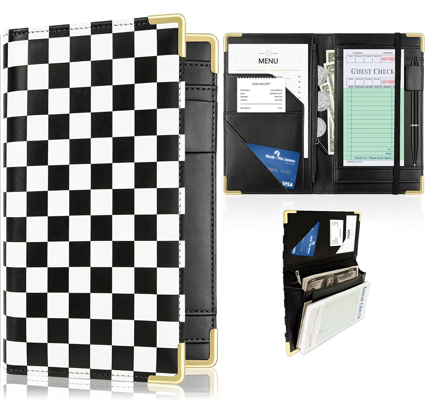Server Book for Waitresses, Leather with Zipper Pocket, Retro Checkerboard Desig