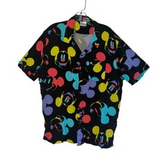Disney Mickey and Friends Mens XL Black All Over Print Rayon Button Up Shirt