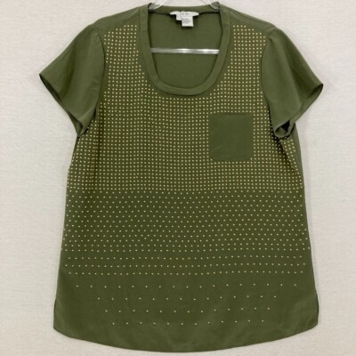 Per Se size 12 Green Golden Beaded Pure Silk Short Sleeve Comfy Blouse
