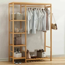 Bamboo Garment Rack Freestanding Closet Heavy Duty Clothes Rod Storage Organizer