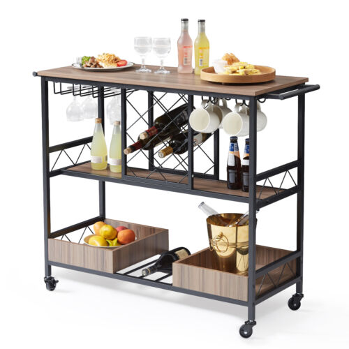VEVOR 3-Tier Bar Serving Cart Rolling Trolley with Wine Grid Glass Holder 300LBS - Picture 11 of 12