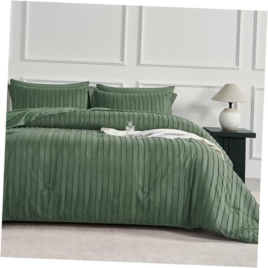 Comforter Set - Green Striped Tufted Bedding Sets, Queen 02 - Green - Striped-image