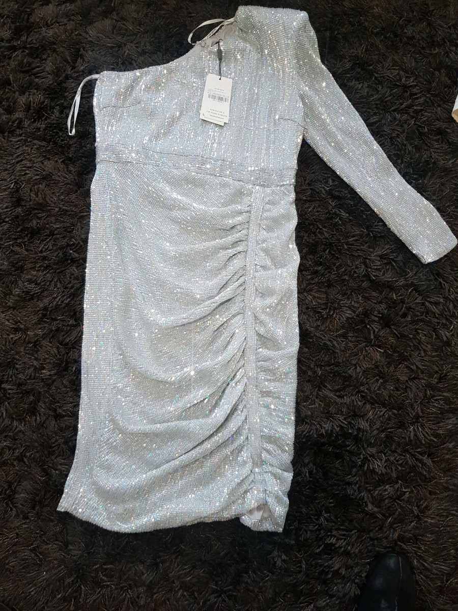 New Lavish Alice Sparkling Holographic One Shoulder Dress Size Uk