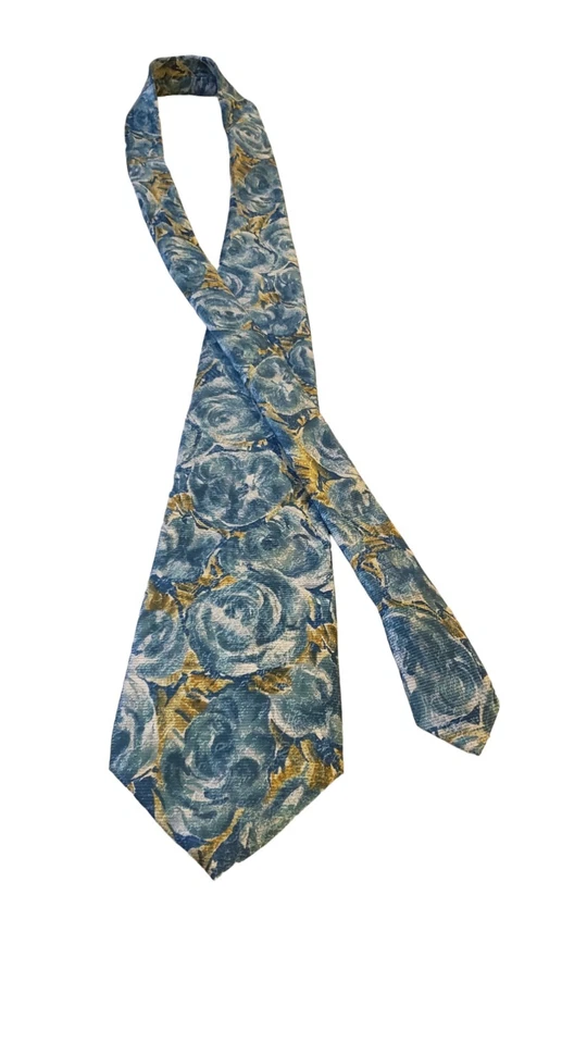 Gravata masculina Manhattan 100% seda azul amarela abstrata floral feita nos EUA - Imagem 2 de 4