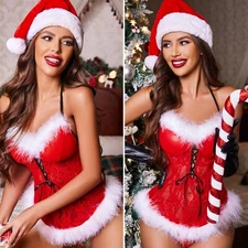 3pcs Womens Sexy Christmas Lingerie Set Santa Teddy&Thong&Hat Babydoll Sleepwear