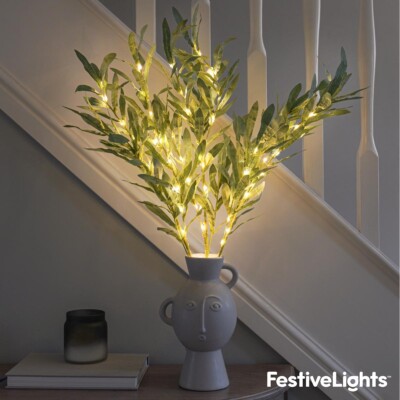 3 x 65 cm Batterie LED beleuchtet Olivenblatt Zweig Zweig Deko Innen Laub Lichter