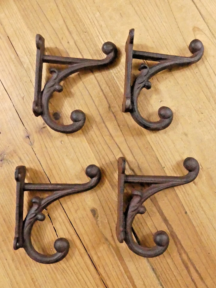4 GANCHOS PARA ABRIGO RÚSTICOS MARRONES ESTILO ANTIGUO HIERRO FUNDIDO 4.5" PARED ¡DOBLE RESTAURACIÓN! Foto 3 de 4