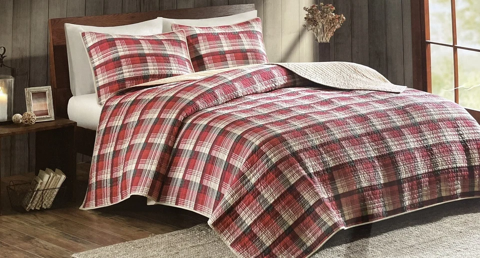 WOOLRICH Country Quilt Mini Set KING/CAL KING 3 Pc Red Tan Plaid Reverses to Tan - Image 2 of 4