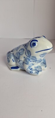 Vintage blau weiß Blattmuster Keramik Frosch/Kröte Tier Spardose