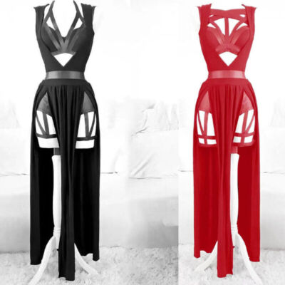 Gothic Bandage Bustier Top und Double Slit Rock Set in Schwarz Rot DE