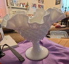 Vintage Fenton Hobnail White Milk Glass Pedestal Candy Dish With Ruffled Edge