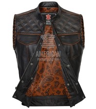 Brown Leather Vest men Conceal Carry Pockets Diamond  Paisley Lining Side Laces