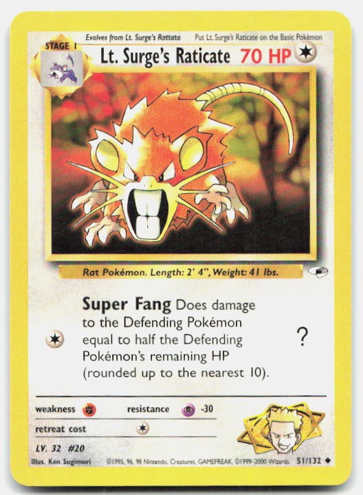 Gym Heroes Lt. Surge's Raticate 51/132 MP Pokemon Unlimited Uncommon Tcg Card