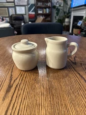 Roseville Ohio Pottery Creamer Sugar Bowl Lid Off White Tan Stoneware Pitcher