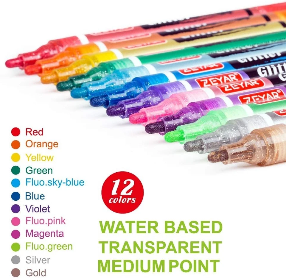 Glitter Paint Pens, Water-based, Medium Point, 12 Colors, Great for Greeting ... - Image 3 of 4
