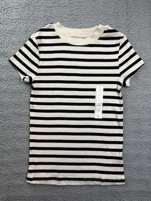 A New Day Shirt Womens Small White Black Striped Short Sleeve Ribbed Stretch