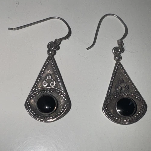 Vintage 925 sterling silver (marked) hand made Middle Eastern Earrings onyx? VGC - Picture 1 of 2
