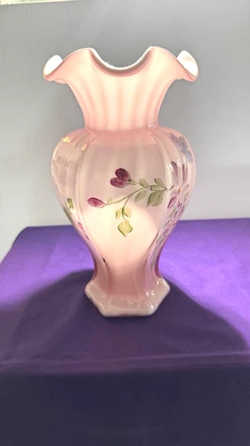 Fenton Pink Rose Asters Butterfly Hand-Painted Glass Vase Dusty Rose Signed