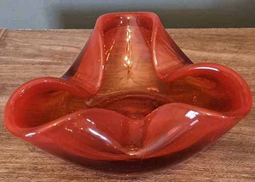 Vintage Blenko Red Orange Amber Glass Ashtray Mid-Century Modern MCM Signed