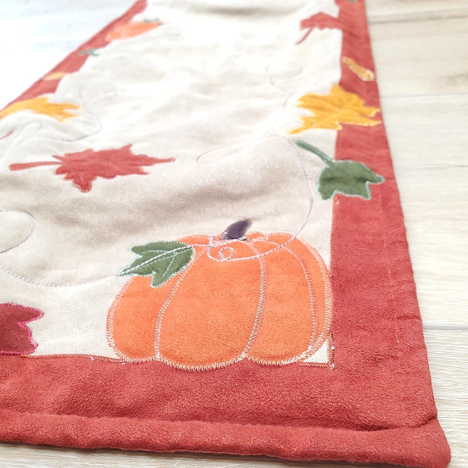 Fall Themed Table Runner Featuring Pumpkins & Leaves 52 x 13 Red Tan Cottagecore - Image 4 of 4