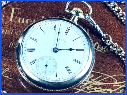 🚂 c.1899 ANTIQUE ELGIN RAILROAD LOCOMOTIVE ENGRAVED POCKET WATCH 18s w/CHAIN👀