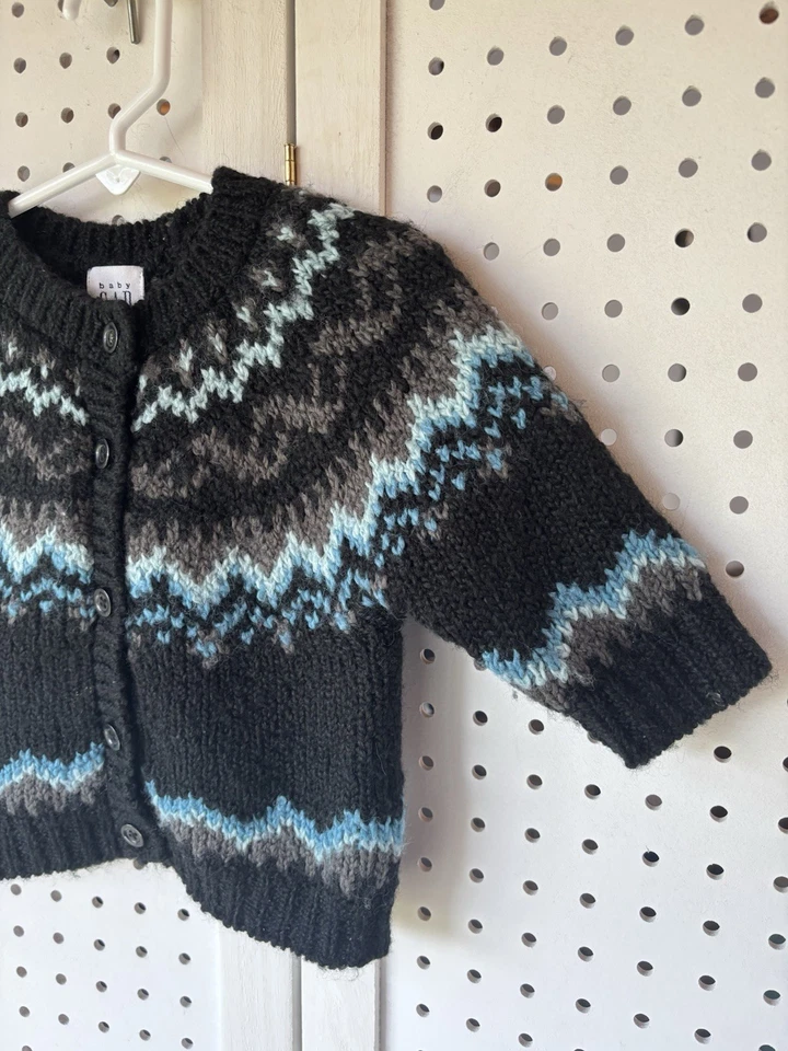 Cárdigan Suéter BABY GAP Fair Isle Botón Acrílico Lana Negro Azul Infantil 3-6m Foto 4 de 4