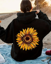 Women's Oversized Sunflower Back Print Hoodie, Warm Casual Hooded Sweatshirt