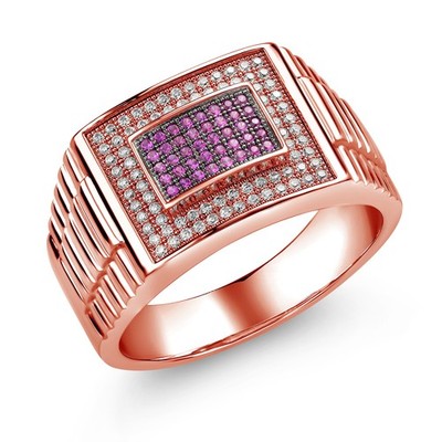 18K Rose Gold Plated Silver Men's Created Ruby Ring Set with Moissanite (0.68