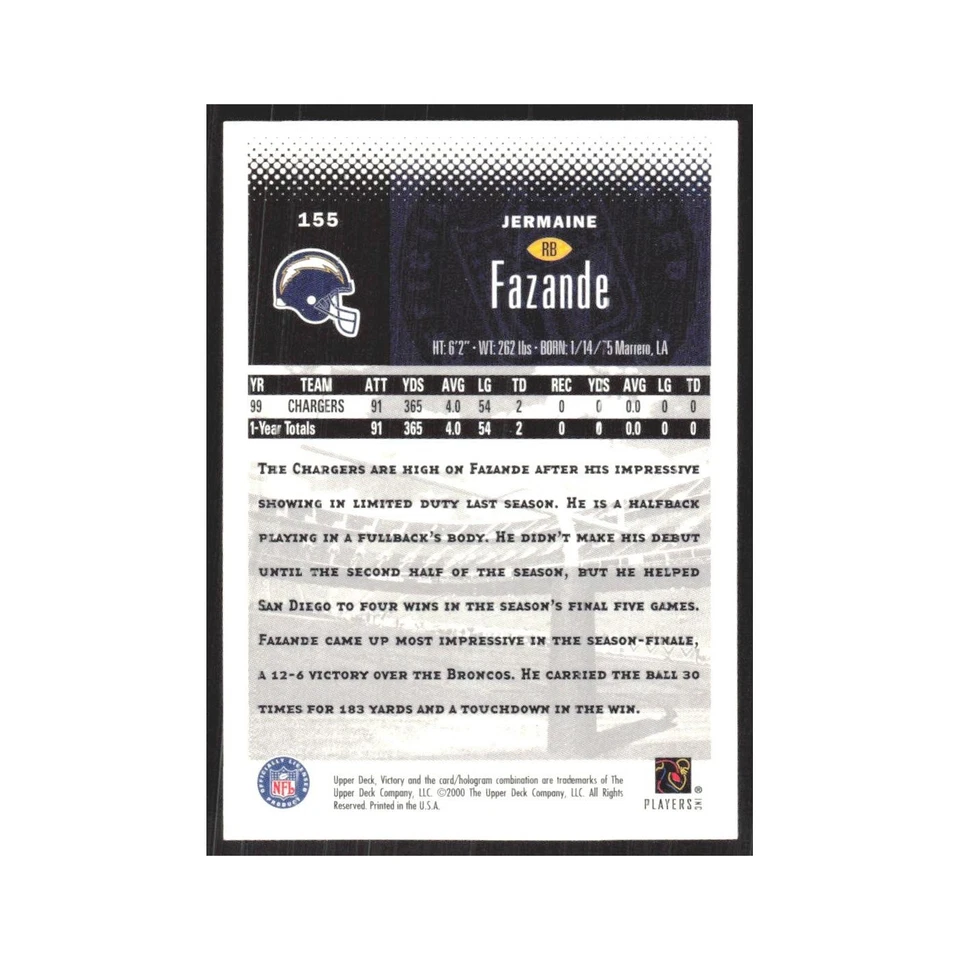 2000 Upper Deck Victory Jermaine Fazande San Diego Chargers #155 - Image 2 of 3