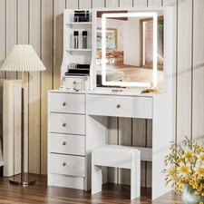 Vanity Desk Stool Set with LED Lighted Mirror & 6 Drawers Makeup Table White New
