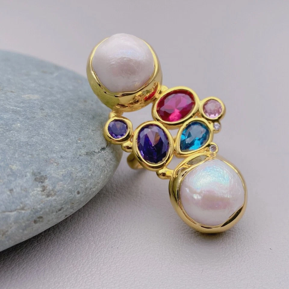 Cultured White Pearl Multi Color Crystal Finger Rings Adjustable Gold Plated - Image 2 of 4