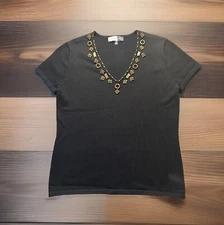 Jones Wear Studio Top Womens M Black Wood Bead Embellishment V Neck Blouse Shirt