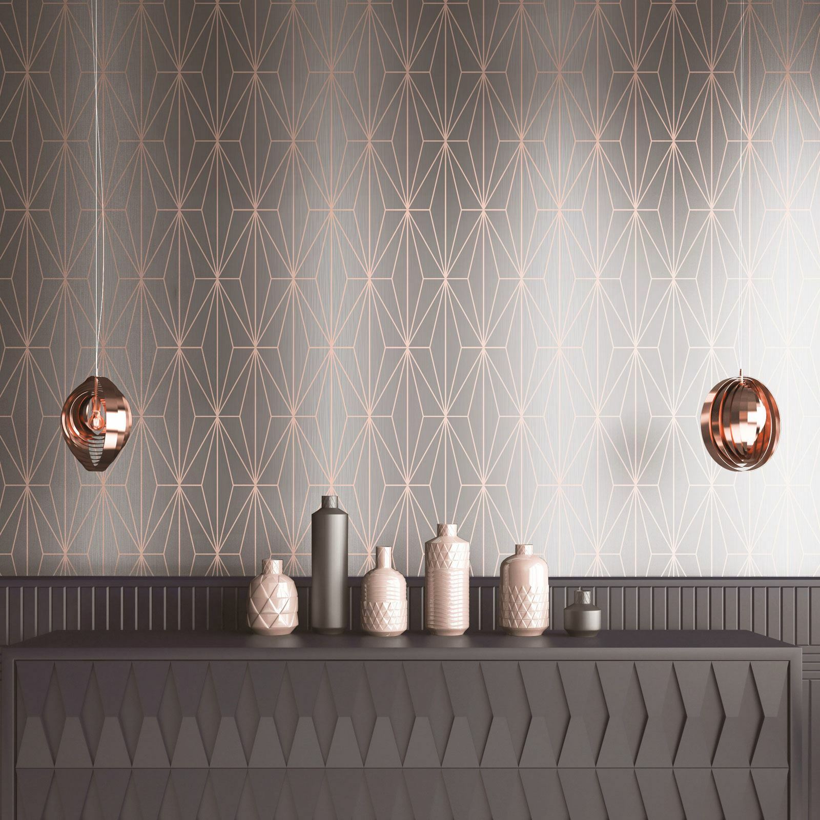 MURIVA KAYLA GEOMETRIC WALLPAPER METALLIC 703013 GREY & ROSE GOLD eBay