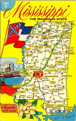 Vintage State Map Points of Interest Postcard Deep South Card Mississippi MS