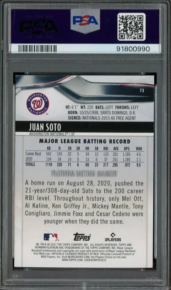 🔥 2021 Bowman Platinum Pink Juan Soto Washington Nationals /199 PSA 9 MINT 🔥 - Image 2 of 2