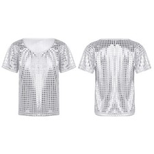 Kid Girls Boys Metallic T-Shirt Short Sleeves Top Jazz Hip-Hop Dance Performance